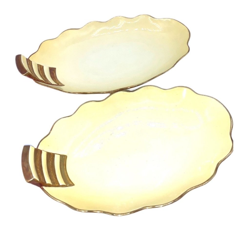 Art Deco Carlton Ware Yellow Gold Rim Stripped Handle Scalloped Oval Platters